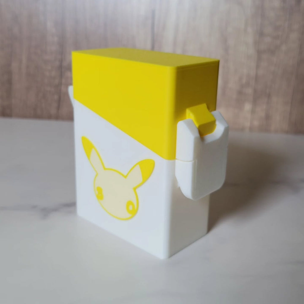 Rear view of a yellow Game Boy Color-inspired deck box with white accents and a Pikachu-inspired design.