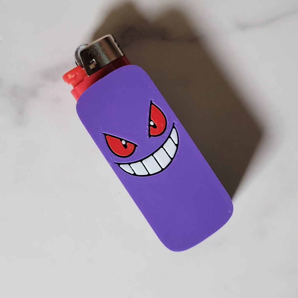 Purple Gengar-inspired 3D-printed lighter cover with contrasting face details.