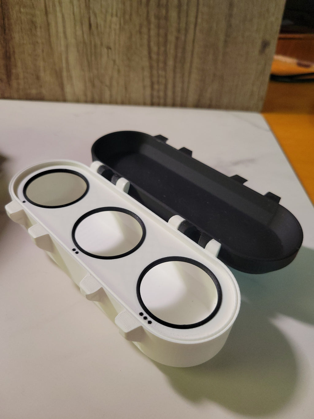 Open custom deck box showing the circular interior tray positions.