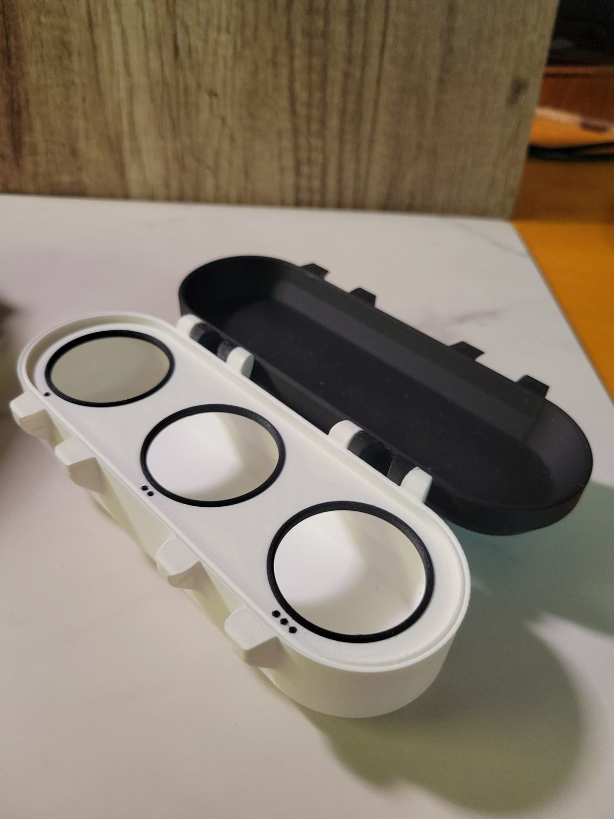 Open custom deck box showing the circular interior tray positions.