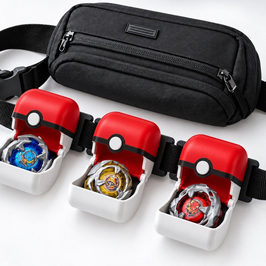 Three red-and-white half clamshell belt boxes shown beside a belt and carry pouch