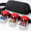 Three red-and-white half clamshell belt boxes shown beside a belt and carry pouch